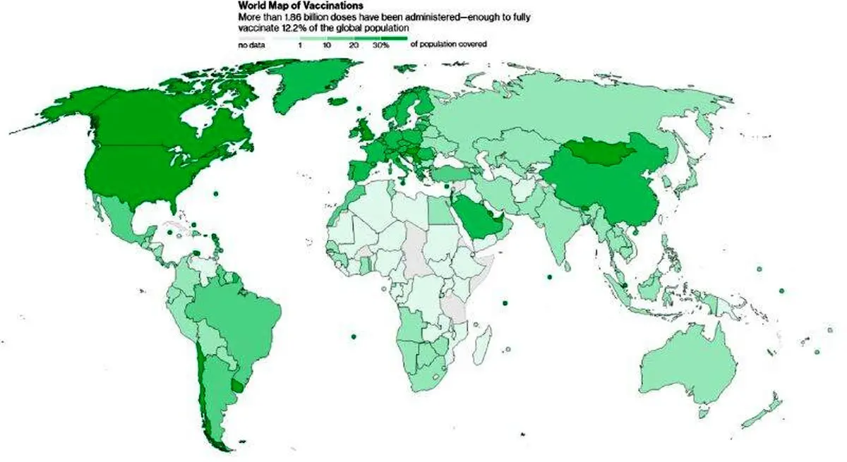 تزریق ۱.۸ میلیارد واکسن کرونا تاکنون در جهان+نقشه
