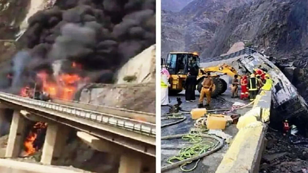 آتش گرفتن اتوبوس زائران در عربستان | ۲۱ نفر زنده زنده در آتش سوختند + فیلم