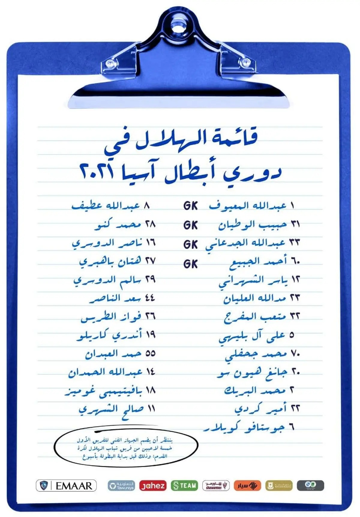 لیست الهلال برای لیگ قهرمانان ۲۰۲۱