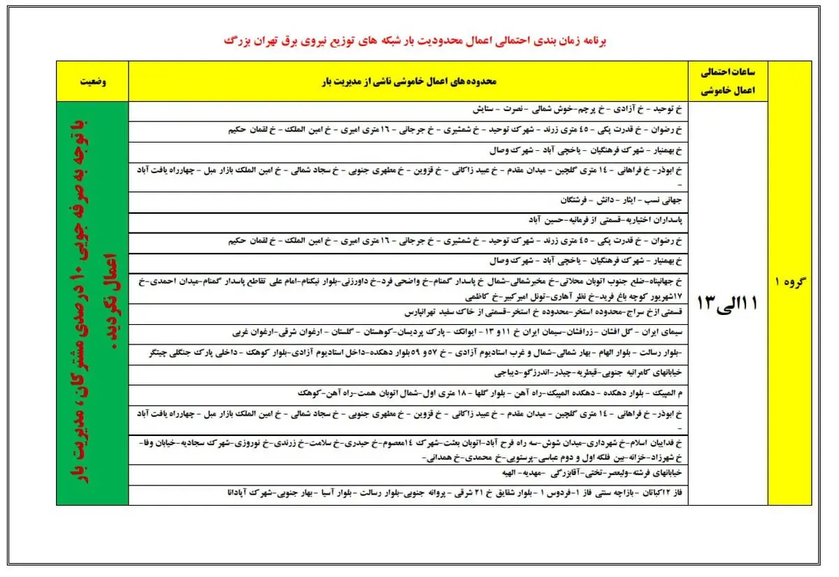 ساعت قطعی برق تهران امروز سه شنبه ۲۹ آبان ۱۴۰۳/ کد دستوری استعلام